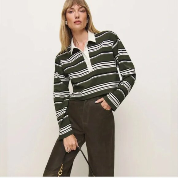 Reformation Anna Rugby Shirt Green Stripe - Picture 1 of 8